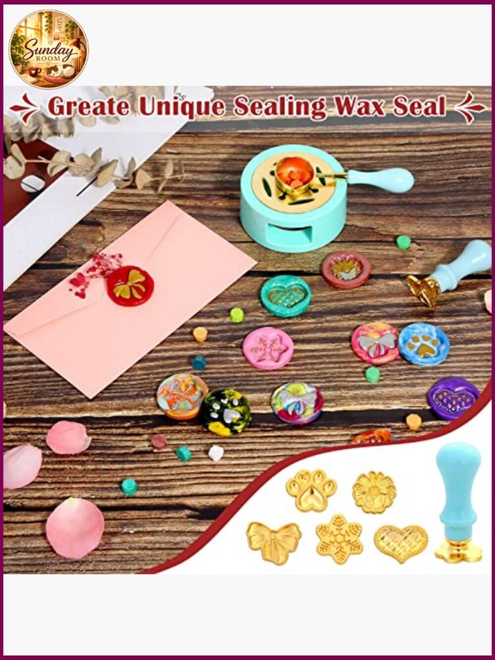 790pc Wax Seal Stamp Kit with Warmer, Beads, Stamps, Envelopes, Gift Box for - Picture 6 of 7